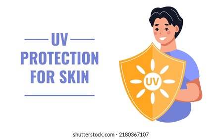Banner mit Menschen geschützt durch UV-Bildschirm vor ultraviolettem Licht. Konzept des UV-Schutzes für die Haut, Gesundheitsversorgung, Schutz Sonnenbrand, Hautkrebsprävention. Vektorgrafik im Flachstil.