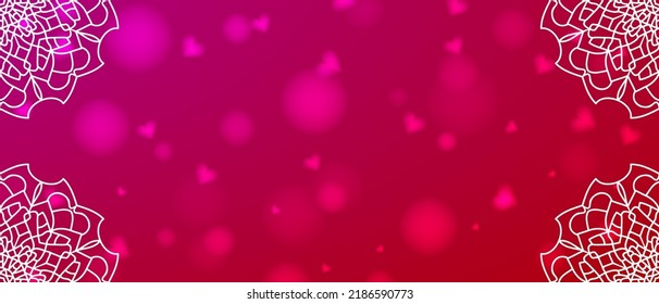 Banner with mandala ornament and red hearts.Romantic background for Valentine's day. Vector flat illustration.Horizontal banner.