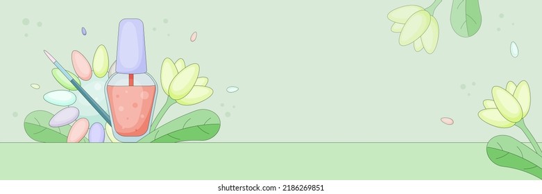 A banner for a manicure master. Copy space. A color palette of nail polish and a bottle of gel polish with a flower. Round palette with artificial nails, color samples