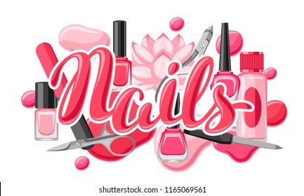 Banner with manicure tools. Nail polishes and professional equipment for manicure salons.