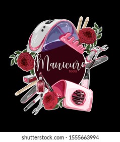Banner mit Manikürwerkzeugen und Rose. Vektorgrafik.