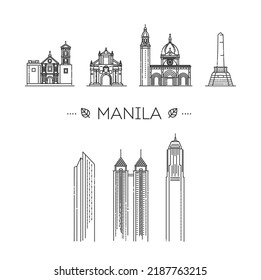 Banner of Manila skyline in flat line trendy style. Manila line art