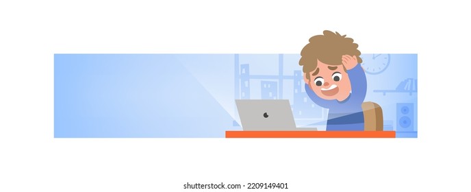 Banner a man's laptop had a problem in his room. illustration vector cartoon character design. 