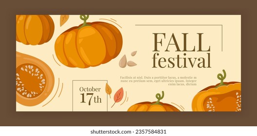 Banner with many big pumpkins, small seeds, simple leaf icons.  Autumn Farm Fair. Invitation flyer layout. Creative design for event advertising. Whole and half cut fruits. Warm colors fall template