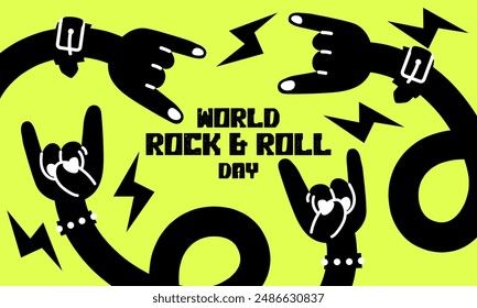 A banner with many hands of a rocker with horns, a bracelet with spikes and a welcome sign in honor of Rock Day on April 13. Long curved black arms on yellow. The inscription about the holiday