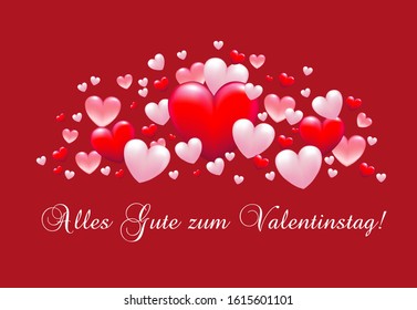 Banner with many hearts for Valentine's Day,
text in German „Alles Gute zum Valentinstag“ translated „Happy Valentine's Day“, Vector illustration isolated on red background
