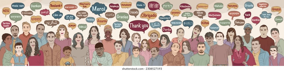 Banner with many people of different ages and cultures with speech bubble with text -Thank you- in various languages and dialects of different countries and continents. Hand drawing