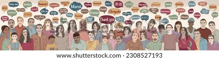 Banner with many people of different ages and cultures with speech bubble with text -Thank you- in various languages and dialects of different countries and continents. Hand drawing