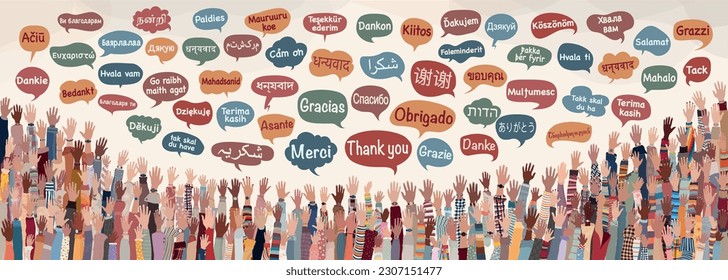 Banner with many raised hands of multicultural people from different nations and continents with speech bubbles with text -thank you- in various international languages.Communication.Equal