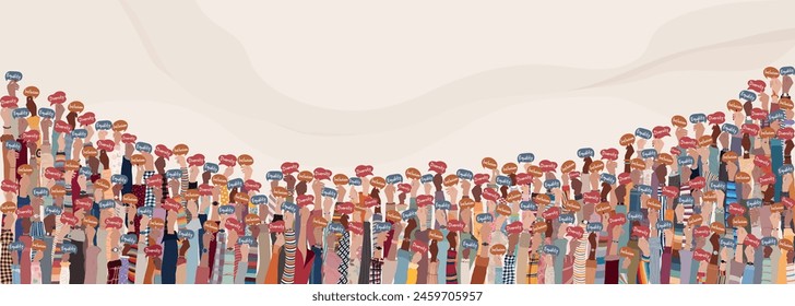 Banner with many raised hands of multicultural people from different nations and continents holding speech bubbles with text -Diversity - Equality - Inclusion - Tolerance and acceptance