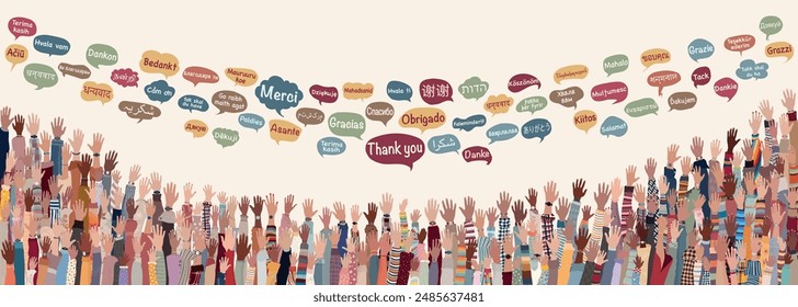 Banner with many raised hands of multicultural people from different nations and continents with Speech Bubbles with text -THANK YOU- in various international languages.Communication.Equal