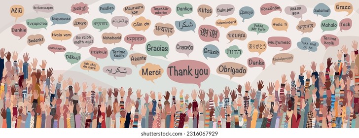 Banner with many raised hands of people diversity from different nations and continents with speech bubbles with text -thank you- in various international languages.Communication.Equal svg