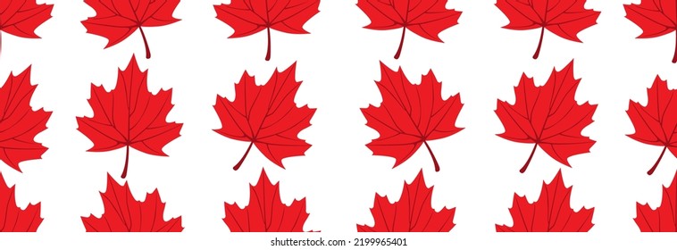 Banner with maple red leaf on white background, seamless pattern.
