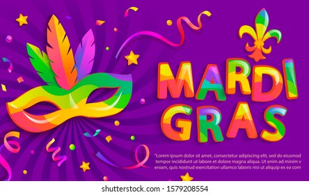 Banner for mardigras festive.Mask with feathers for Mardi gras carnival party.Traditional masque for carnaval,carnival, fesival,masquerade,parade.Template for design invitation,flyer, poster. Vector.