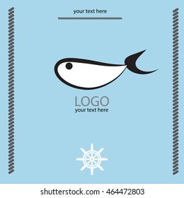 banner with marine elements. fish logo. fish, rope and helm