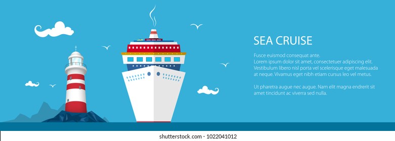 Banner of Marine Tourism, Cruise Ship and Lighthouse at the Ocean and Text ,Travel Concept, Vector Illustration