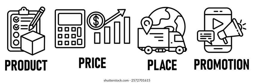 Banner Marketing Mix model illustration concept with icon of  price, product, promotion, place and promotion