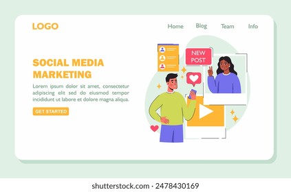 Banner marketing in the social field. The concept of communication between users on the network. Flat vector illustration