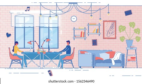 Banner Married Couple Working at Home, Cartoon.