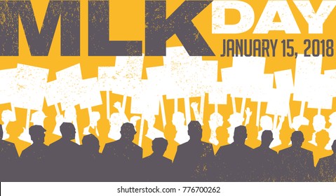 Banner for Martin Luther King Day. Many people carrying signs at protest march. Poster or banner template for protest event. Space for your text