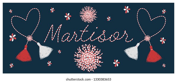 Banner for the Martisor celebrating postcard  with the handmade  pom-pom elements and lettering  decor. vector design
