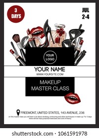 Banner  for master class makeup artist crop top, lips, shoes, lipstick, sunglasses, brush and other. Makeup patches vector illustration.