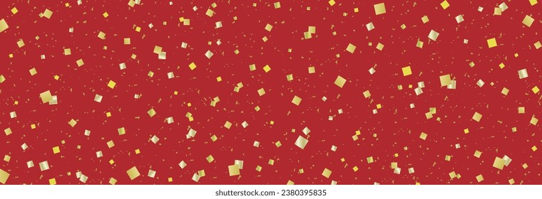 Bannermaterial mit goldenem Konfetti tanzt auf rotem Hintergrund auf einem langen horizontalen Quadrat.