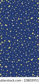Material de la pancarta con confeti dorado bailando sobre un fondo azul de cuadrados verticales largos.