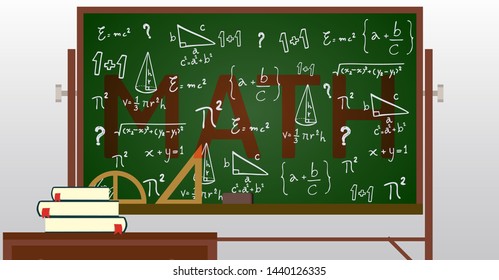 banner mathematics ,concept is Math formulas on the black board.