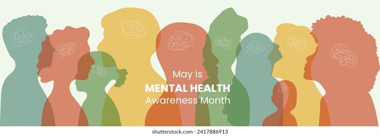 Banner May is Mental Health Awareness month. Reminding about importance of good state of mind. Psychological well-being presentation. Horizontal design with Diversity people silhouette in flat style.