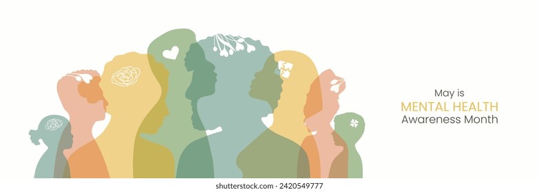 Banner May is Mental Health Awareness month. Horizontal design with Diversity people silhouette in flat style. Reminding about importance of good state of mind. Psychological well-being presentation