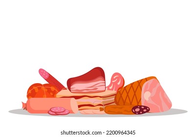 Banner Of Meat And Deli Meats. Farm Beef And Sausages With Ham Isolated On White Background. Collection Of Delicious Food And Meat Products For The Market. Organic Menu Shop Vector Illustration.