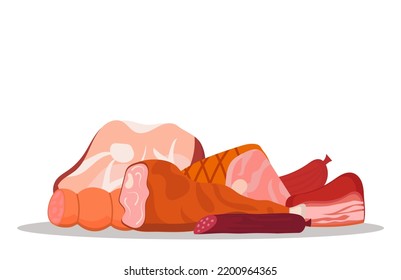 Banner Of Meat And Deli Meats. Farm Beef And Sausages With Ham Isolated On White Background. Collection Of Delicious Food And Meat Products For The Market. Organic Menu Shop Vector Illustration.