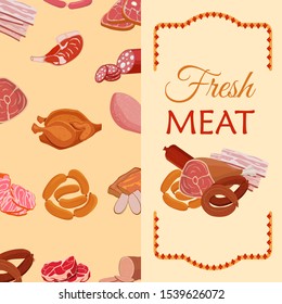 Banner with meat products. Roast chicken and prime rib, sausage, salami and ham, sirlon, bacon, sucuk and smoked meat, turkey and t-bone steak. Vector illustration.