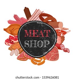 Banner with meat products. Roast chicken and prime rib, sausage, salami and ham, sirlon, bacon, sucuk and smoked meat, turkey and t-bone steak. Vector illustration.