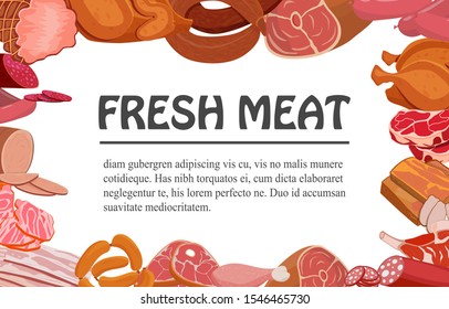 Banner with meat products. Roast chicken and prime rib, sausage, salami and ham, sirlon, bacon, sucuk and smoked meat, turkey and t-bone steak. Vector illustration.