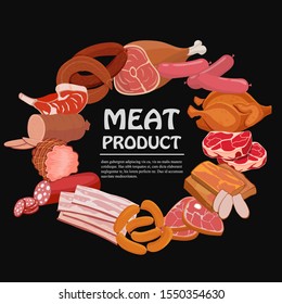 Banner with meat products. Roast chicken and prime rib, sausage, salami and ham, sirlon, bacon, sucuk and smoked meat, turkey and t-bone steak. Vector illustration.