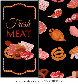 Banner with meat products. Roast chicken and prime rib, sausage, salami and ham, sirlon, bacon, sucuk and smoked meat, turkey and t-bone steak. Vector illustration.