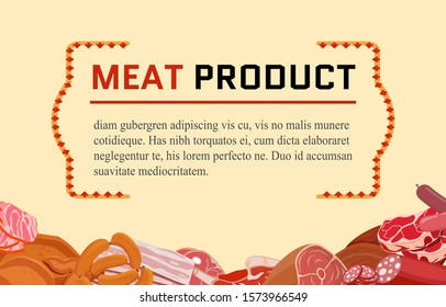 Banner with meat products. Roast chicken and prime rib, sausage, salami and ham, sirlon, bacon, sucuk and smoked meat, turkey and t-bone steak. Vector illustration.