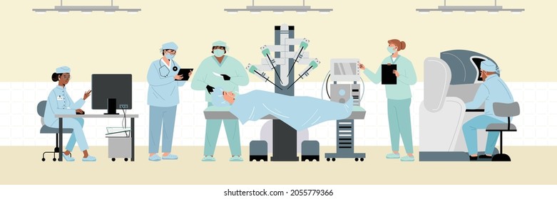 Banner with medical staff performing operation on patient with help of robotic and automated equipment, flat vector illustration. Robotic surgery technology.