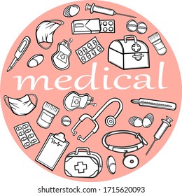 banner medicine equipment pharmaceutical pills vector objects card doodle sketch poster illustration outline