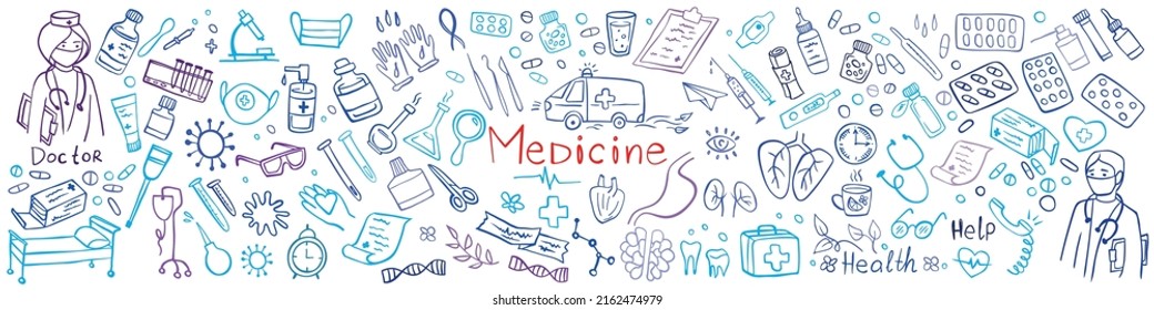 Banner of Medicine icons doodle set on whate. Health care, pharmacy icons. Vector illustration.