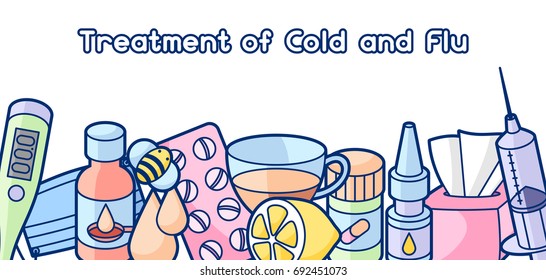 Banner with medicines and medical objects. Treatment of cold and flu.