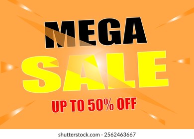 Banner, Mega discount text up to 50% with lightning bolts on yellow background, Vector illustration EPS10