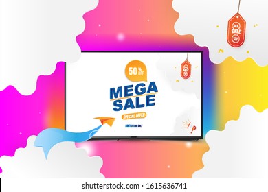 Banner Mega Sale in Mockup realistic backlit tv with OLED technology. Special offer 50% with Plane on the background of clouds cut out of paper