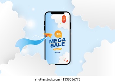 Banner Mega Sale in Mockup Smartphone. Special offer 50 percen with Plane on the background of clouds cut out of paper