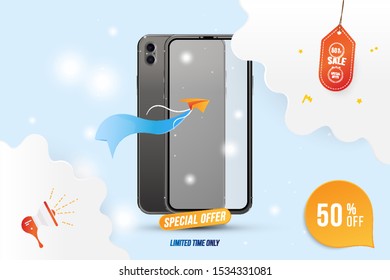 Banner Mega Sale in Mockup Smartphone. Special offer 50% with Plane on the background of clouds cut out of paper.