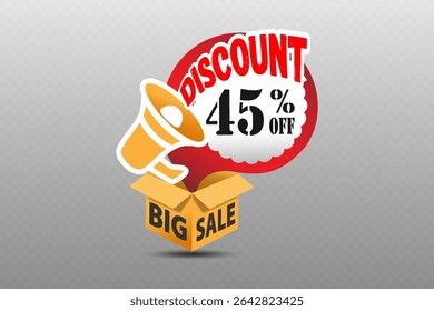 Banner with a megaphone and discount text coming out of the box.