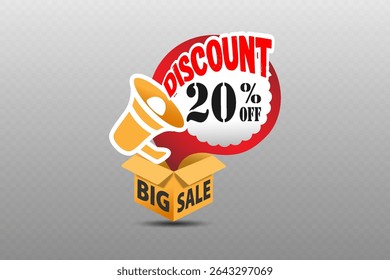 Banner with a megaphone and discount text coming out of the box.