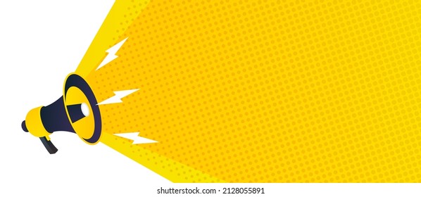 Banner with megaphone realistic style on half tone background. News, propaganda, media, attention, broadcast, announce, promotion, message. Vector illustration 10 eps